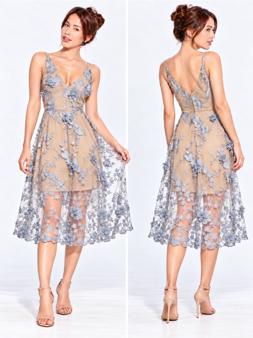 NWT Dress the Population Audrey 3D Floral Applique Midi Dress Blue Nude M